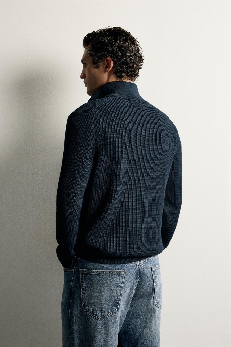 Zara Pearl-Knit Zip Funnel Jumper — Bleu marine