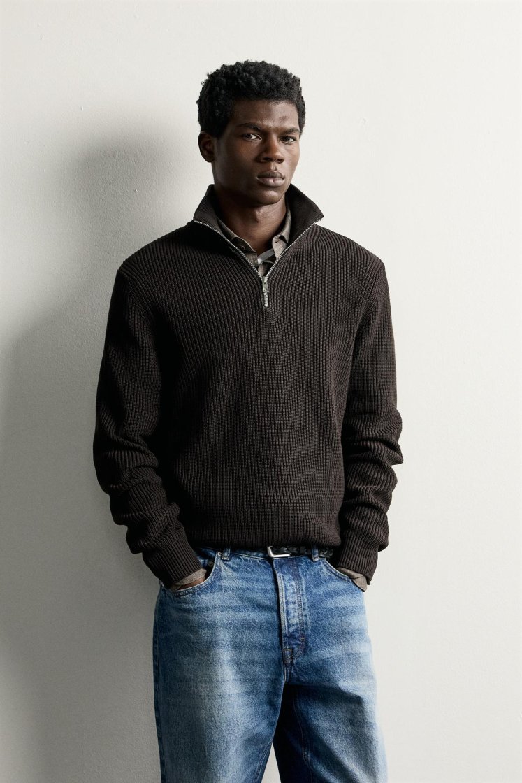 Zara Pearl-Knit Zip Funnel Jumper — Chocolat
