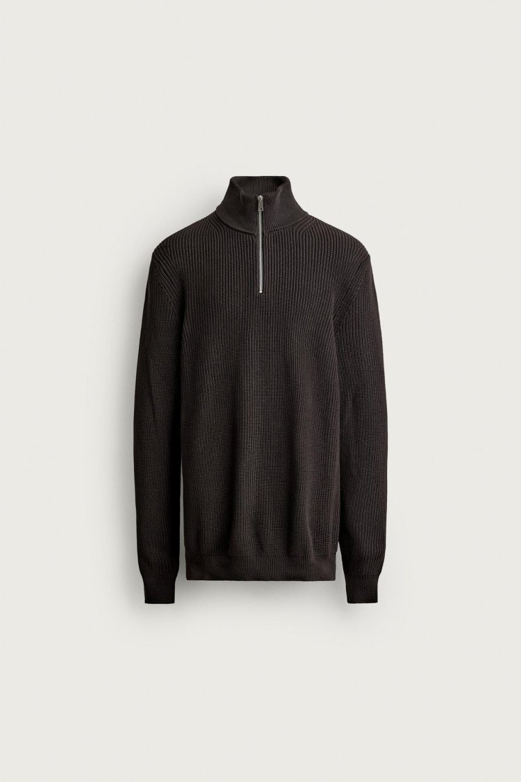 Zara Pearl-Knit Zip Funnel Jumper — Chocolat