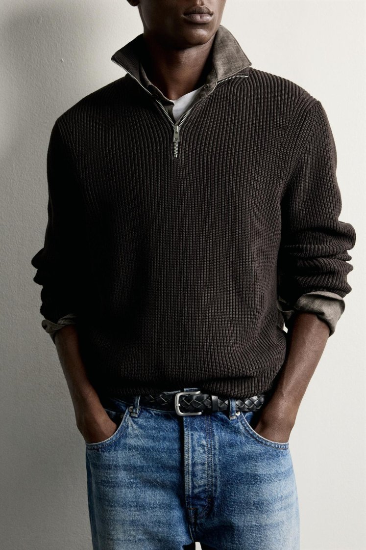Zara Pearl-Knit Zip Funnel Jumper — Chocolat