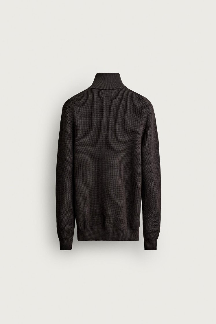 Zara Pearl-Knit Zip Funnel Jumper — Chocolat