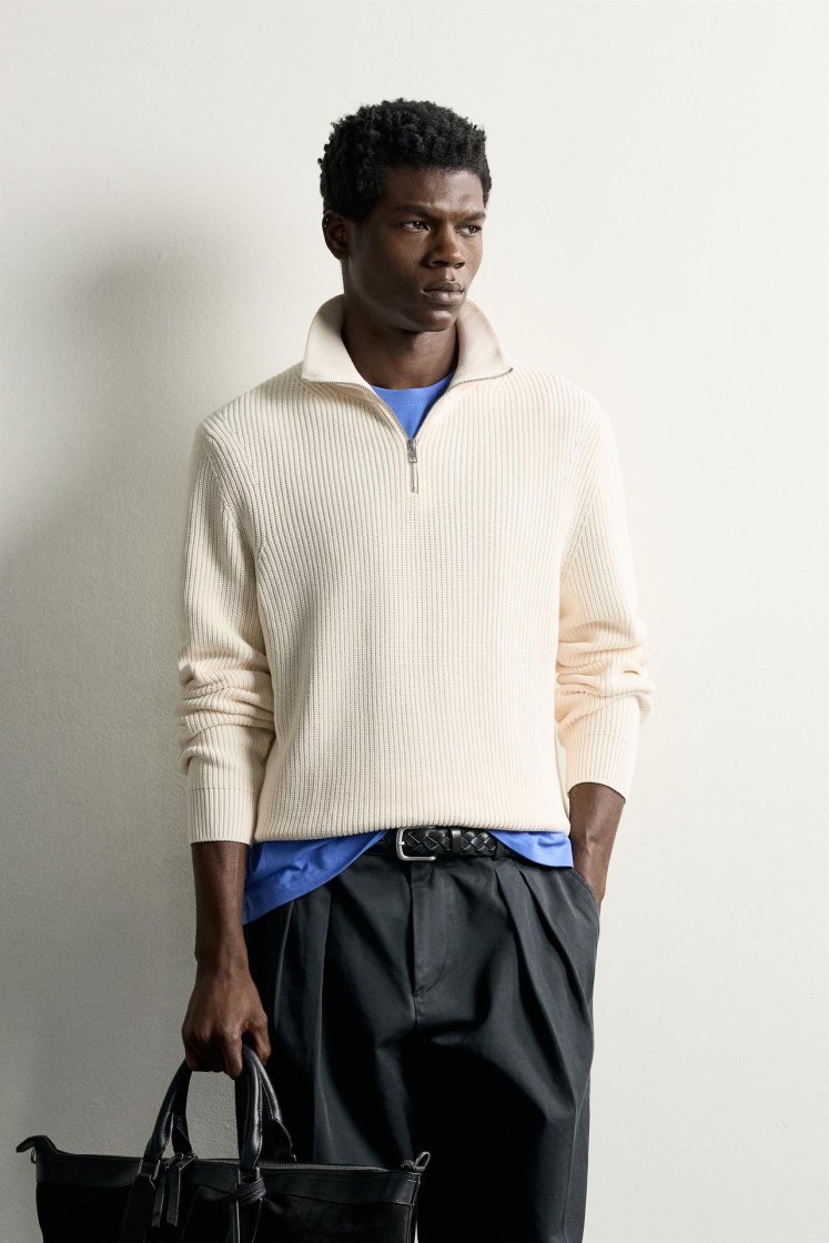 Zara Pearl-Knit Zip Funnel Jumper — Écru moyen