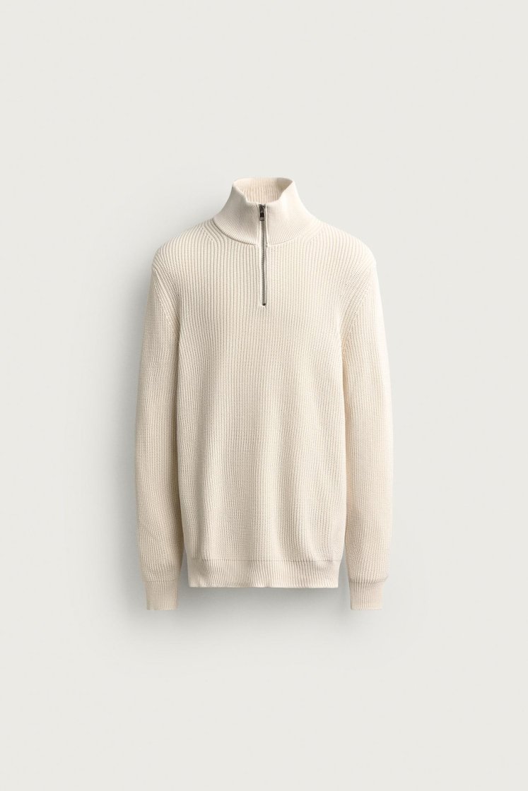 Zara Pearl-Knit Zip Funnel Jumper — Écru moyen