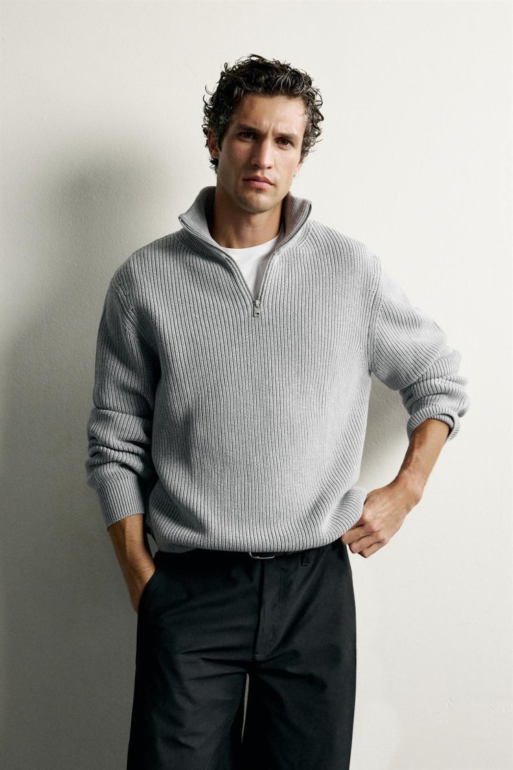 Zara Pearl-Knit Zip Funnel Jumper — Gris chiné