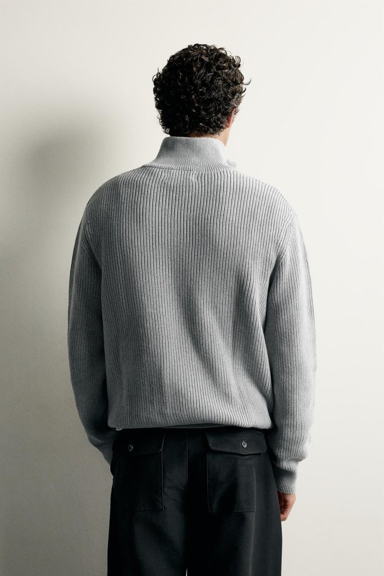 Zara Pearl-Knit Zip Funnel Jumper — Gris chiné