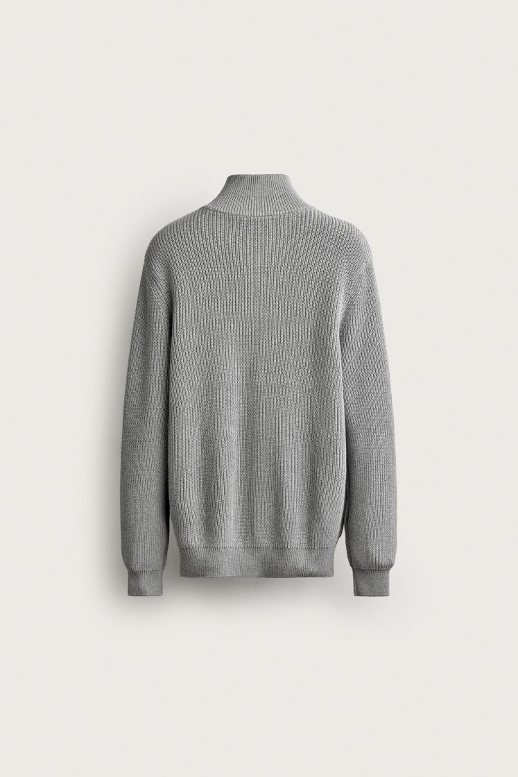 Zara Pearl-Knit Zip Funnel Jumper — Gris chiné