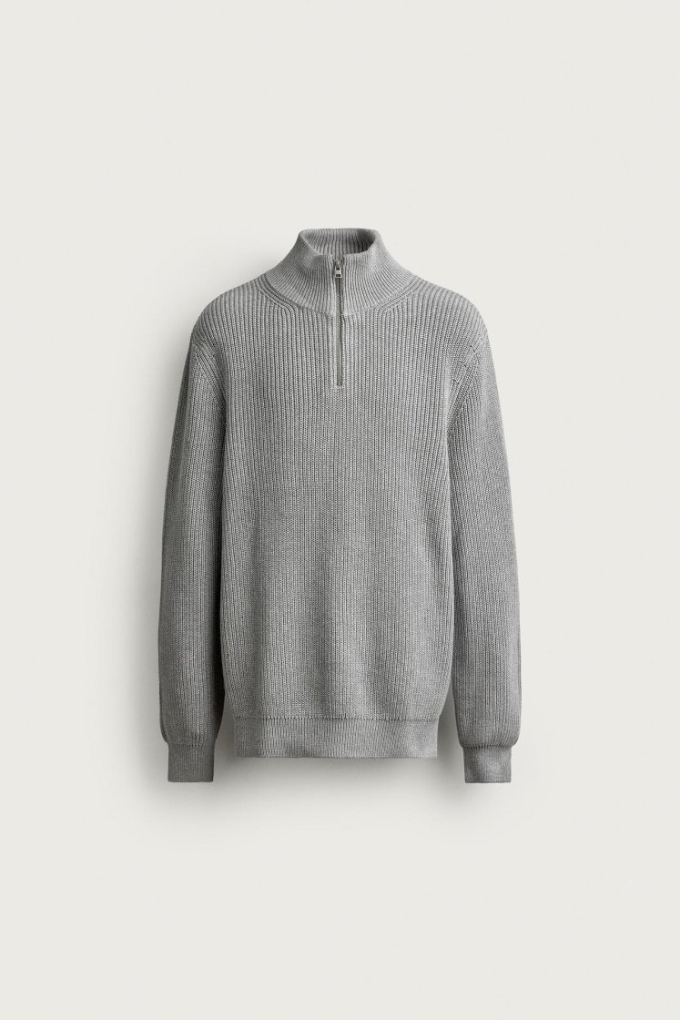 Zara Pearl-Knit Zip Funnel Jumper — Gris chiné