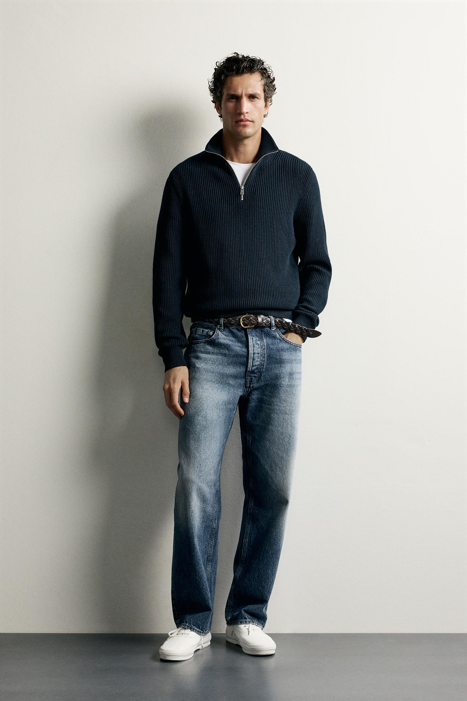 Zara Pearl-Knit Zip Funnel Jumper — Bleu marine