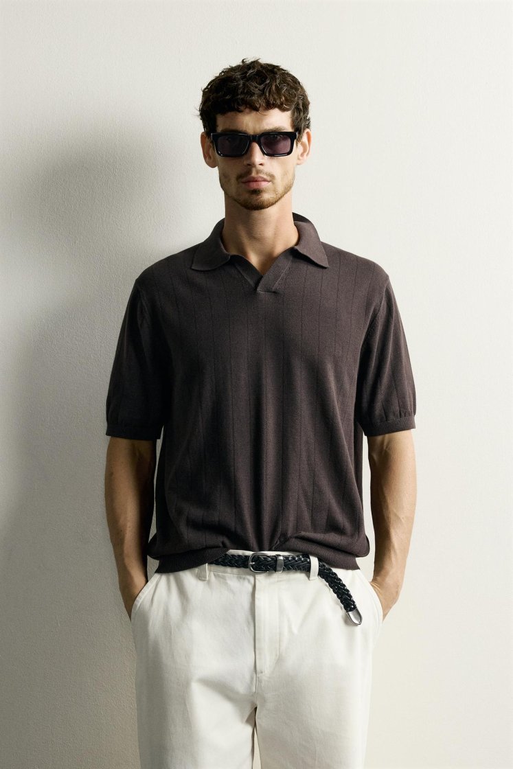 Zara Ribbed Knit Cotton Polo — Chocolate
