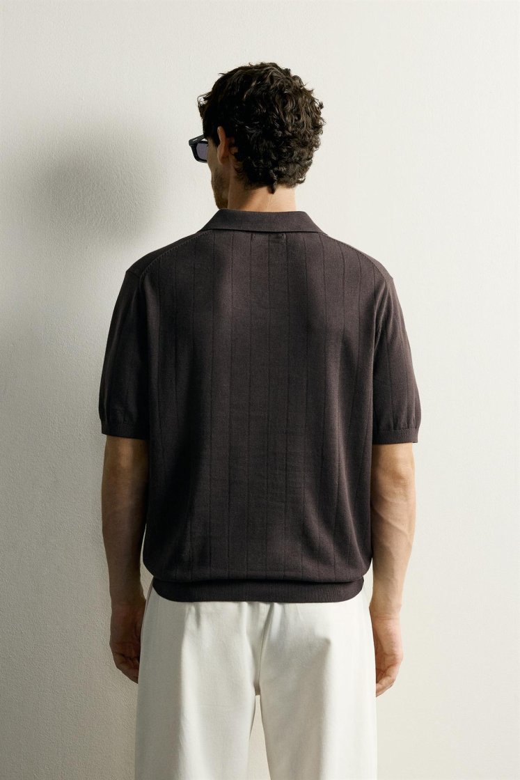 Zara Ribbed Knit Cotton Polo — Chocolate