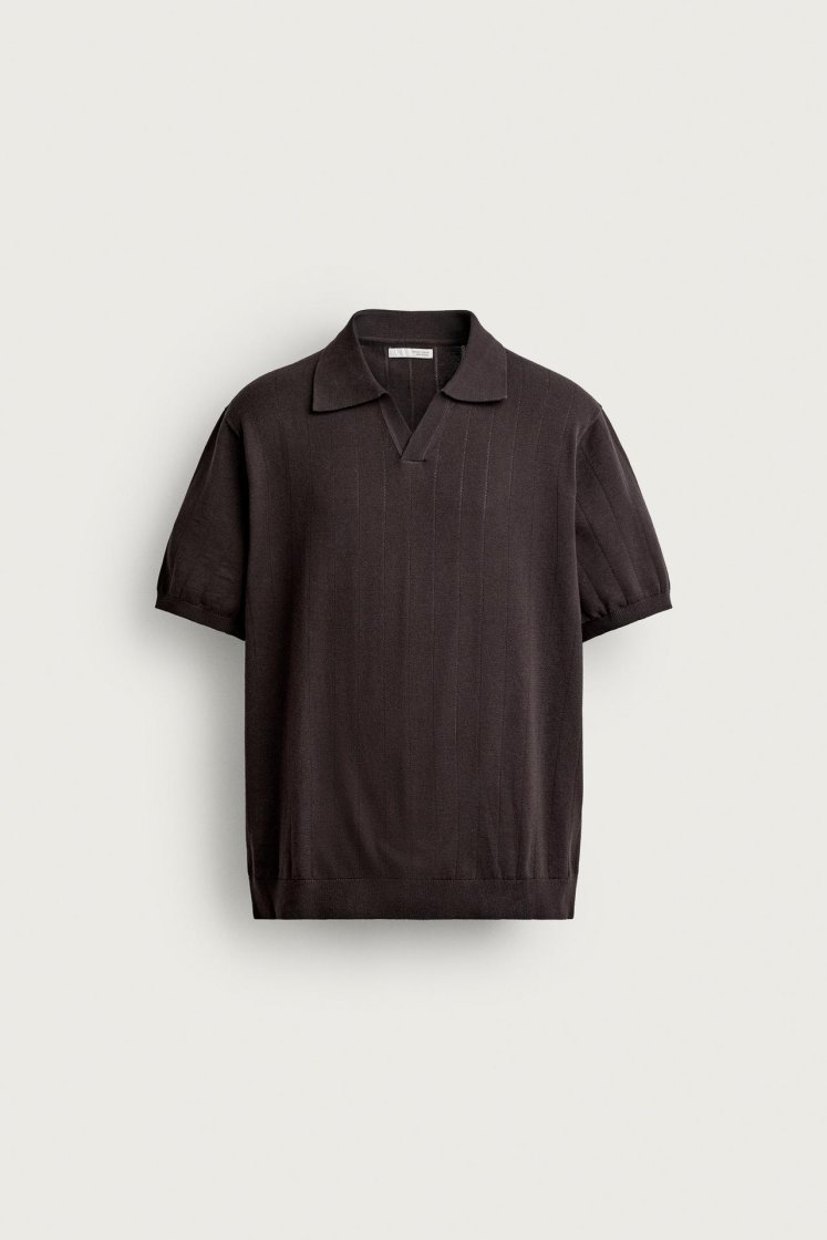 Zara Ribbed Knit Cotton Polo — Chocolate