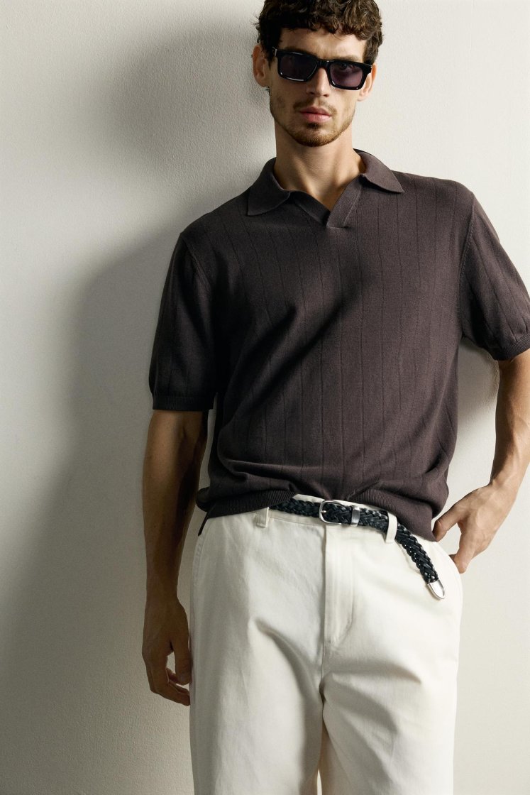 Zara Ribbed Knit Cotton Polo — Chocolate