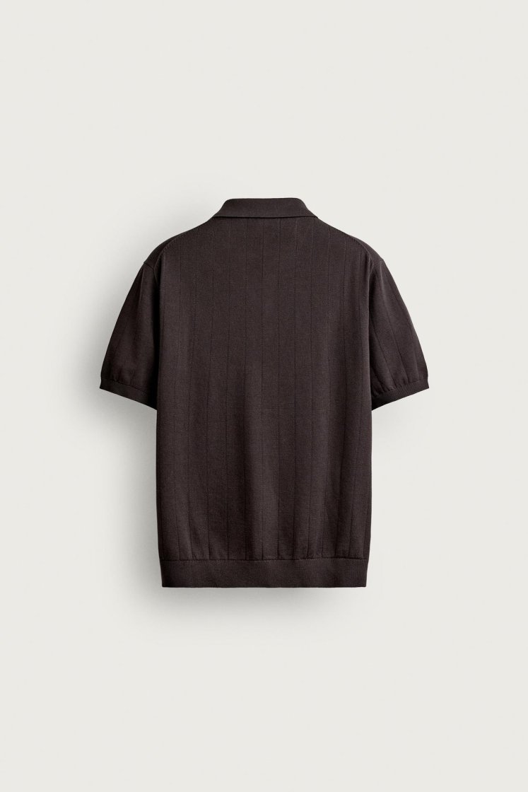 Zara Ribbed Knit Cotton Polo — Chocolate