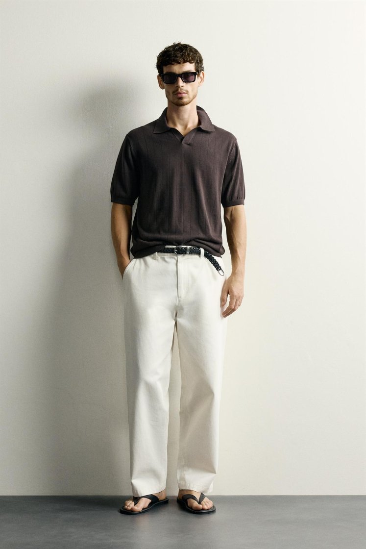 Zara Ribbed Knit Cotton Polo — Chocolate