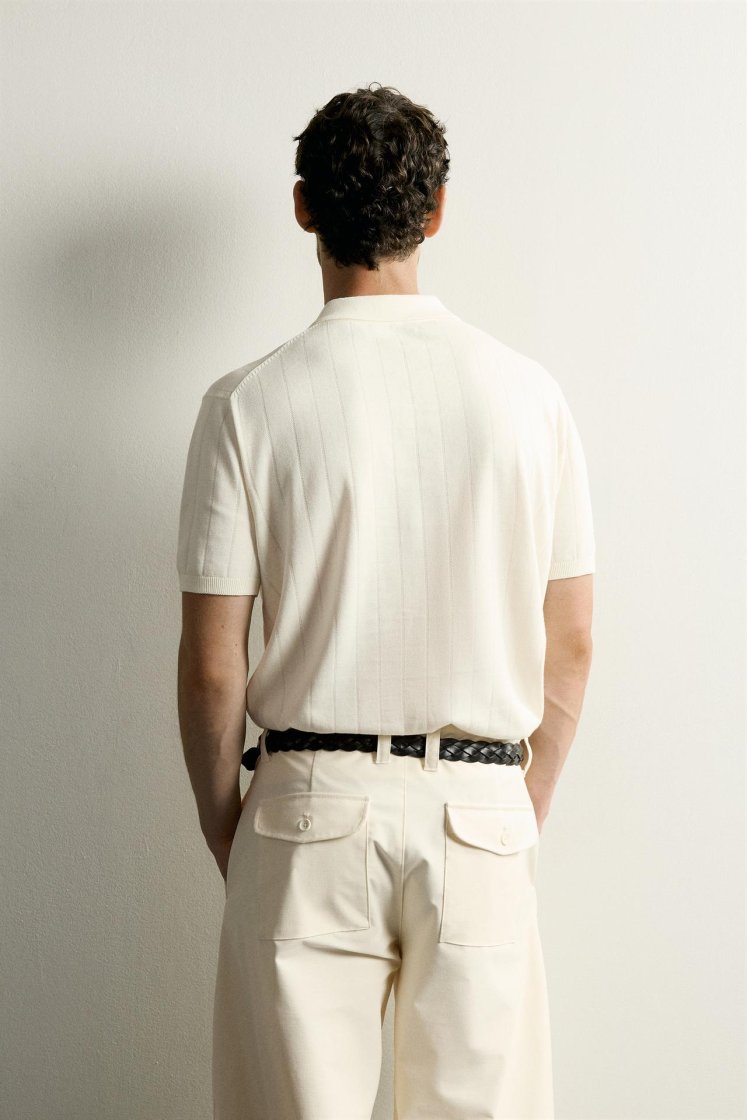 Zara Ribbed Knit Cotton Polo — Cream