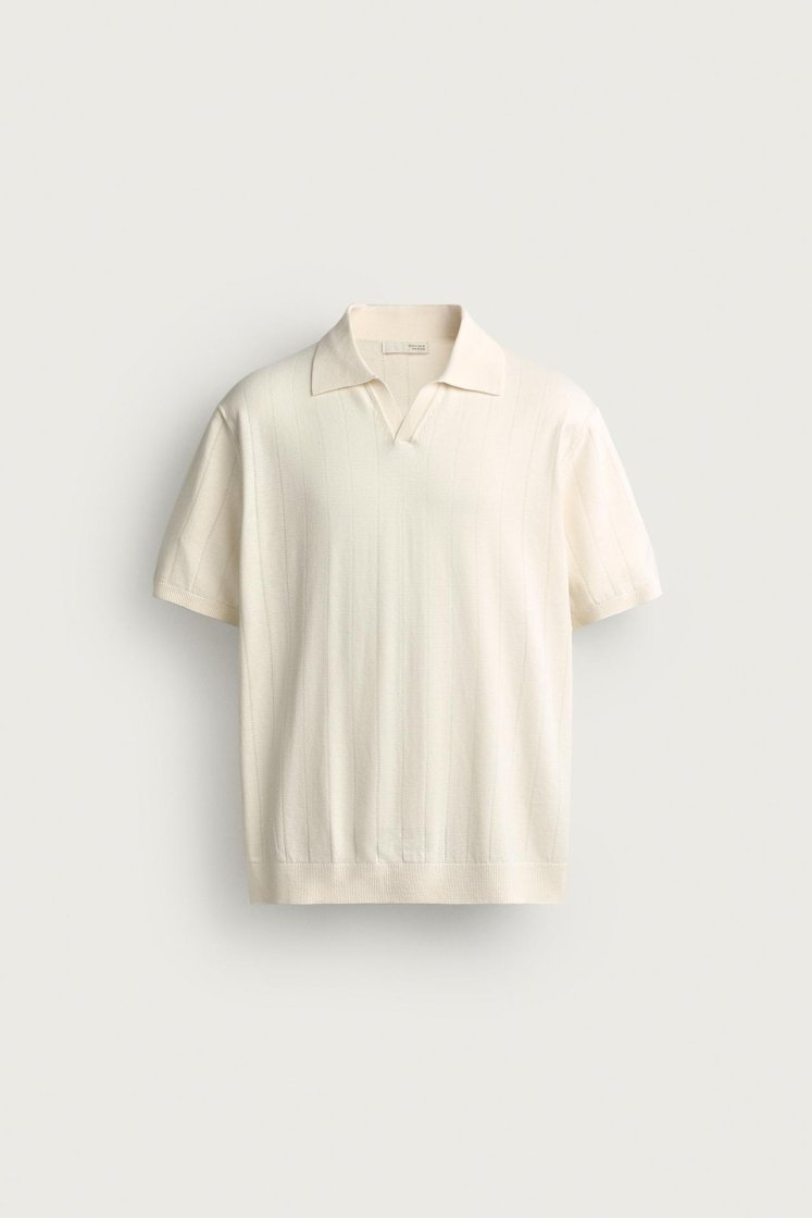Zara Ribbed Knit Cotton Polo — Cream