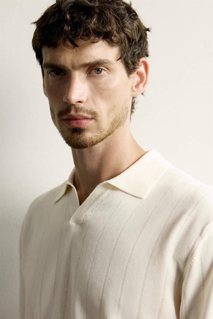 Zara Ribbed Knit Cotton Polo — Cream