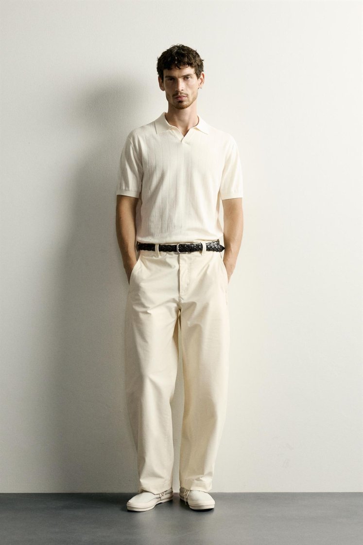 Zara Ribbed Knit Cotton Polo — Cream