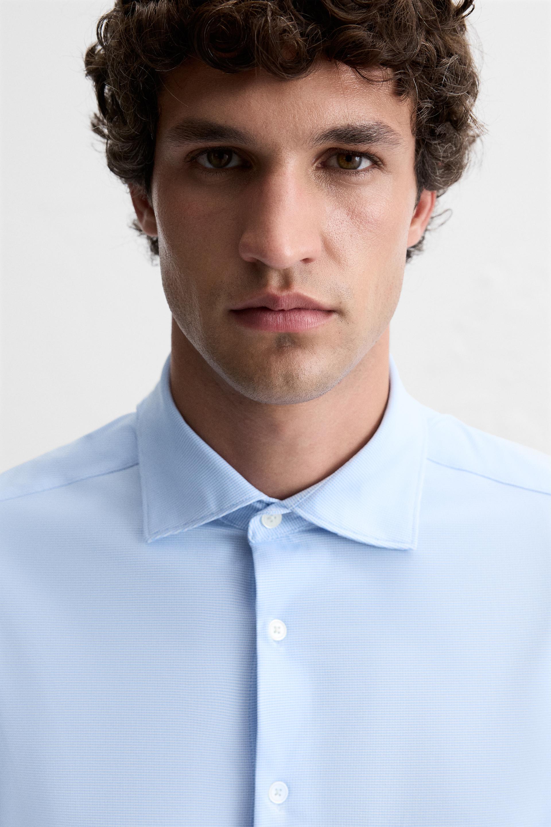 Zara Textured Stretch Fitted Shirt — Sky Blue