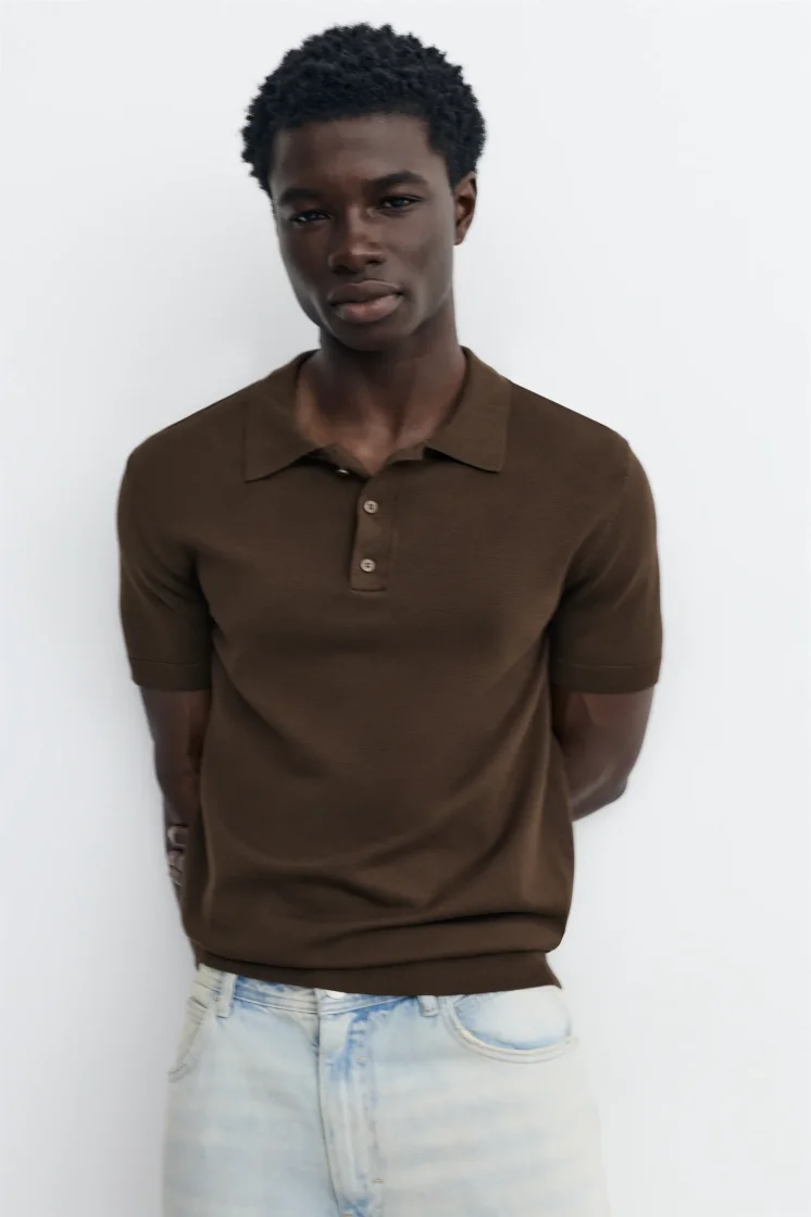 Zara Structured Knit Regular Polo — Brown