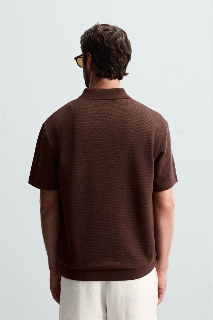 Zara Textured Jacquard Polo — Brown