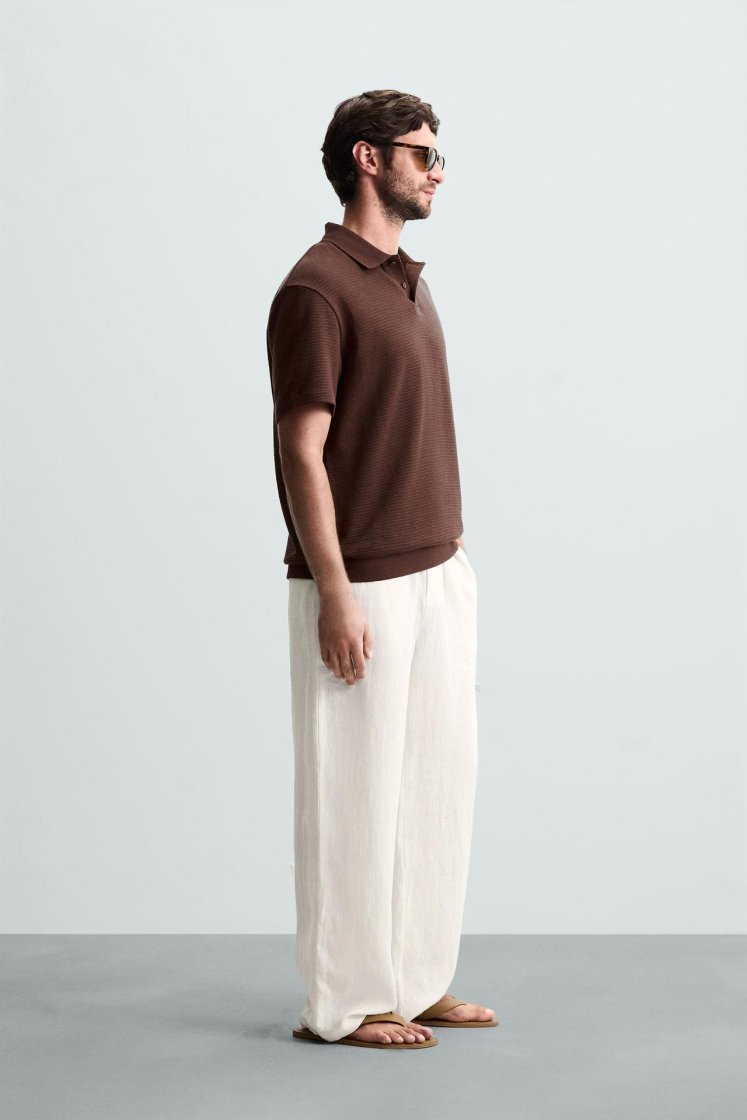 Zara Textured Jacquard Polo — Brown