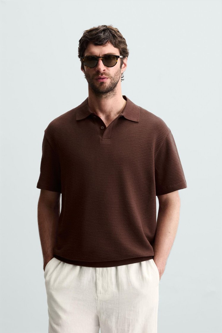 Zara Textured Jacquard Polo — Brown
