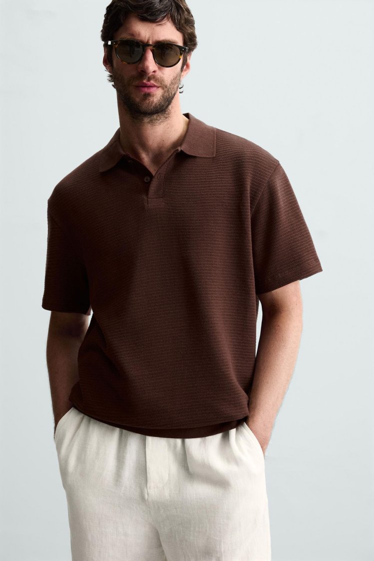 Zara Textured Jacquard Polo — Brown