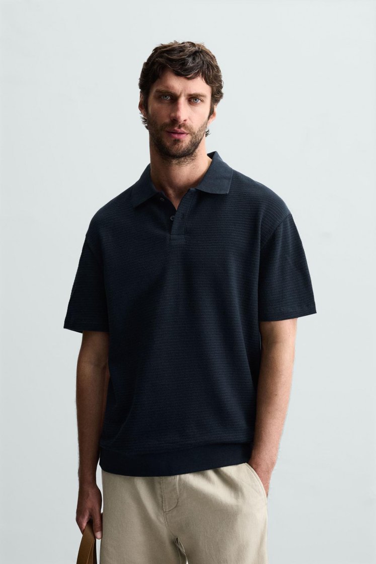 Zara Textured Jacquard Polo — Navy
