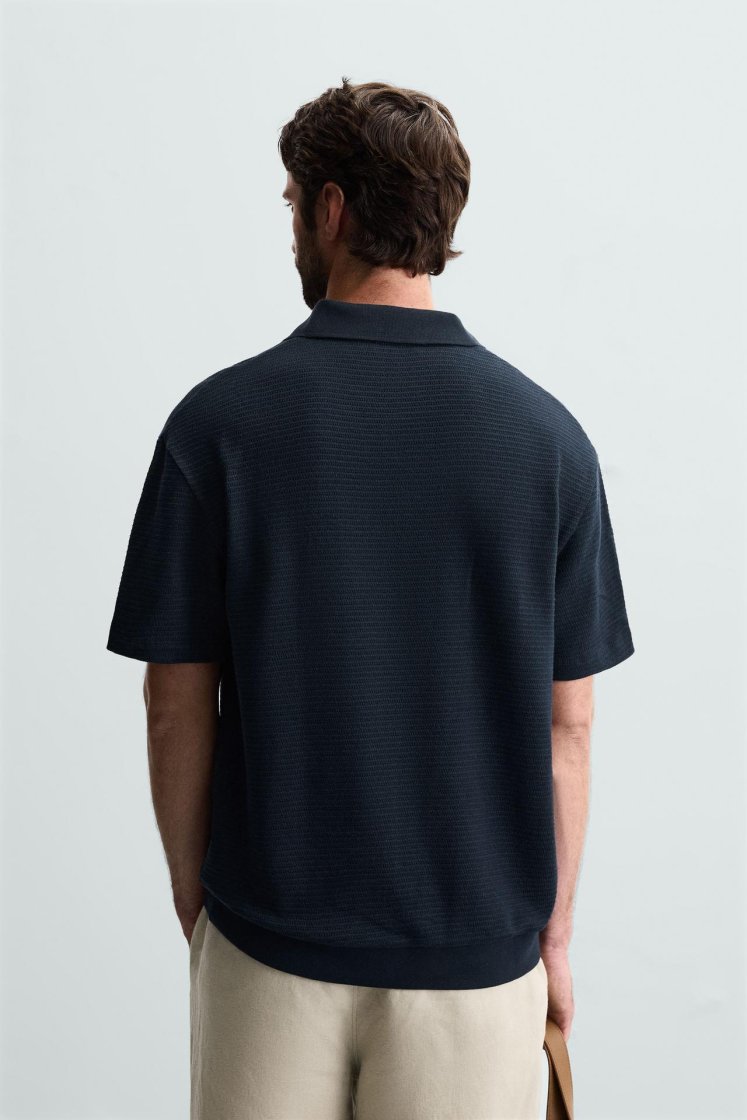 Zara Textured Jacquard Polo — Navy