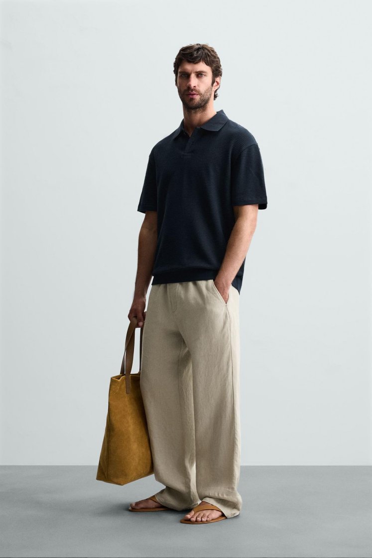 Zara Textured Jacquard Polo — Navy