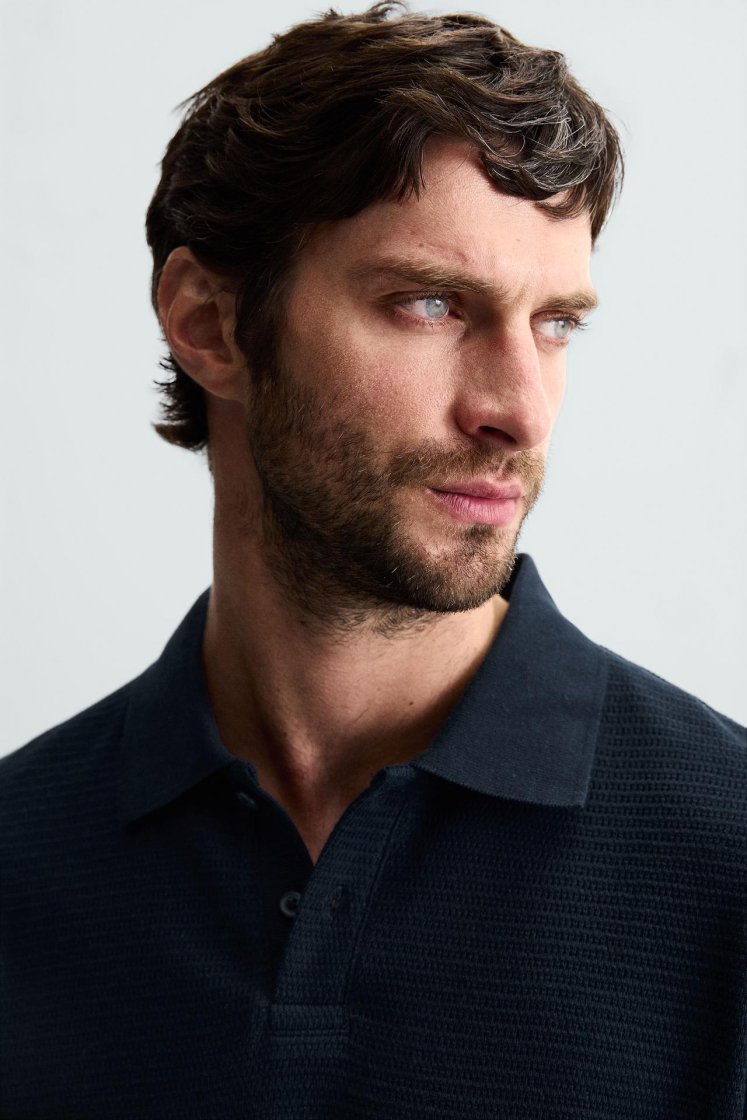 Zara Textured Jacquard Polo — Navy