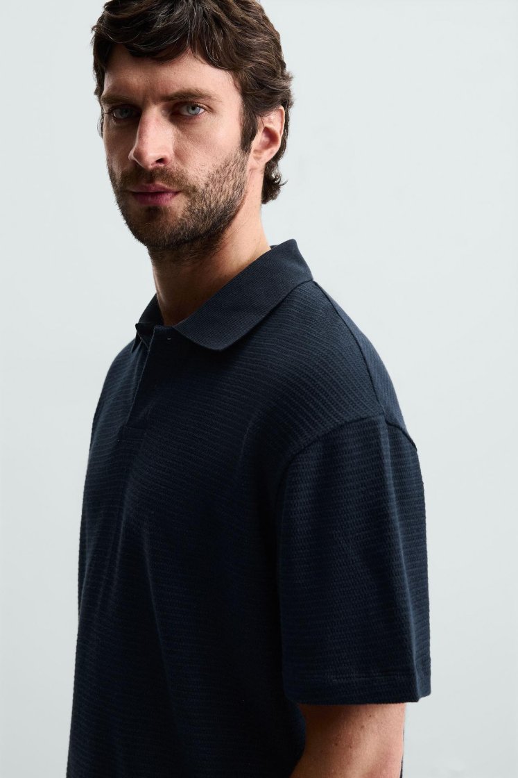 Zara Textured Jacquard Polo — Navy