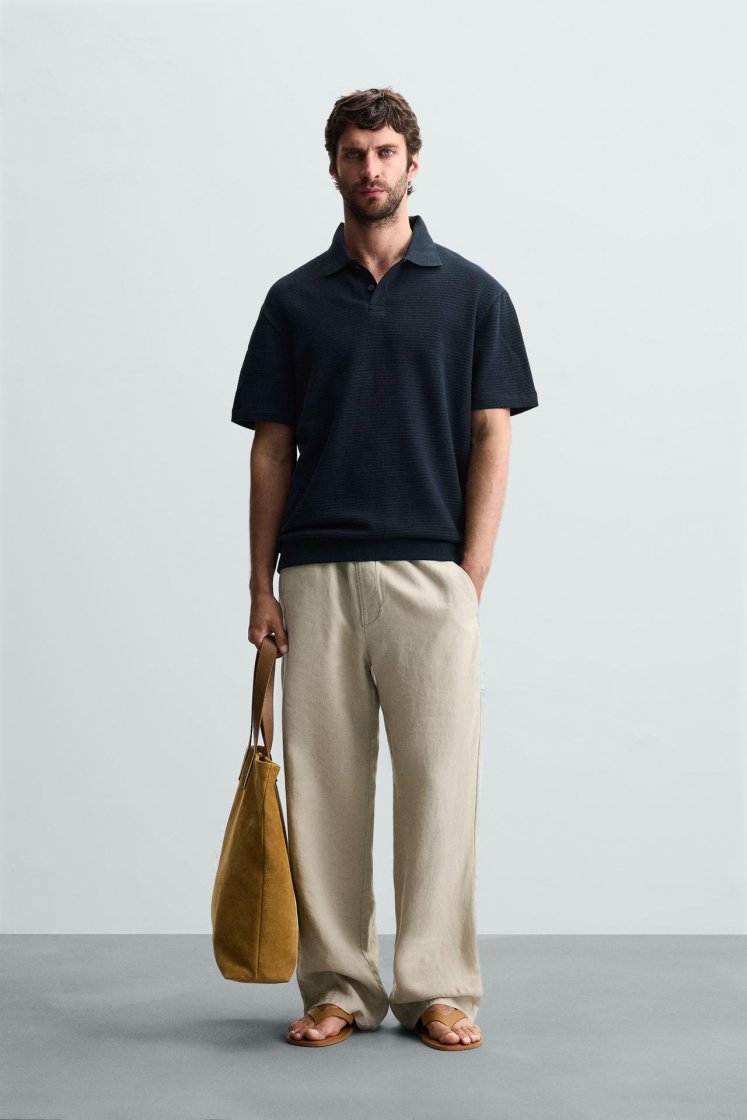 Zara Textured Jacquard Polo — Navy