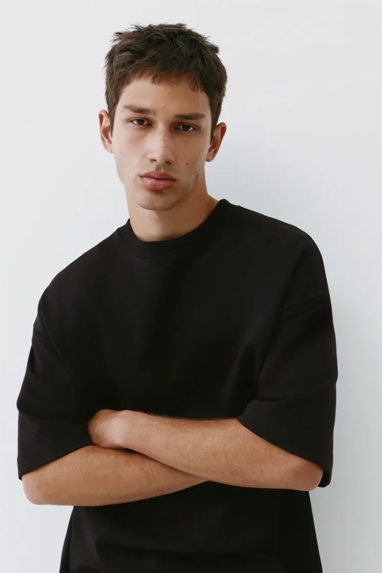 Pull&Bear Interlock short sleeve sweatshirt — Black