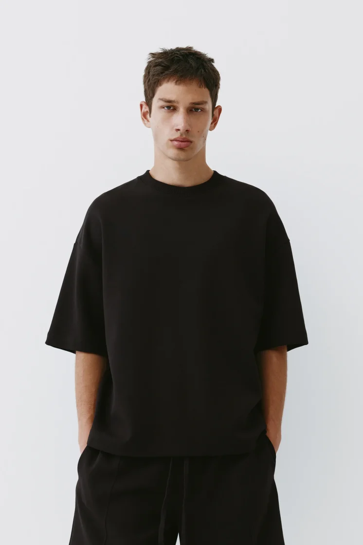 Pull&Bear Interlock short sleeve sweatshirt — Black