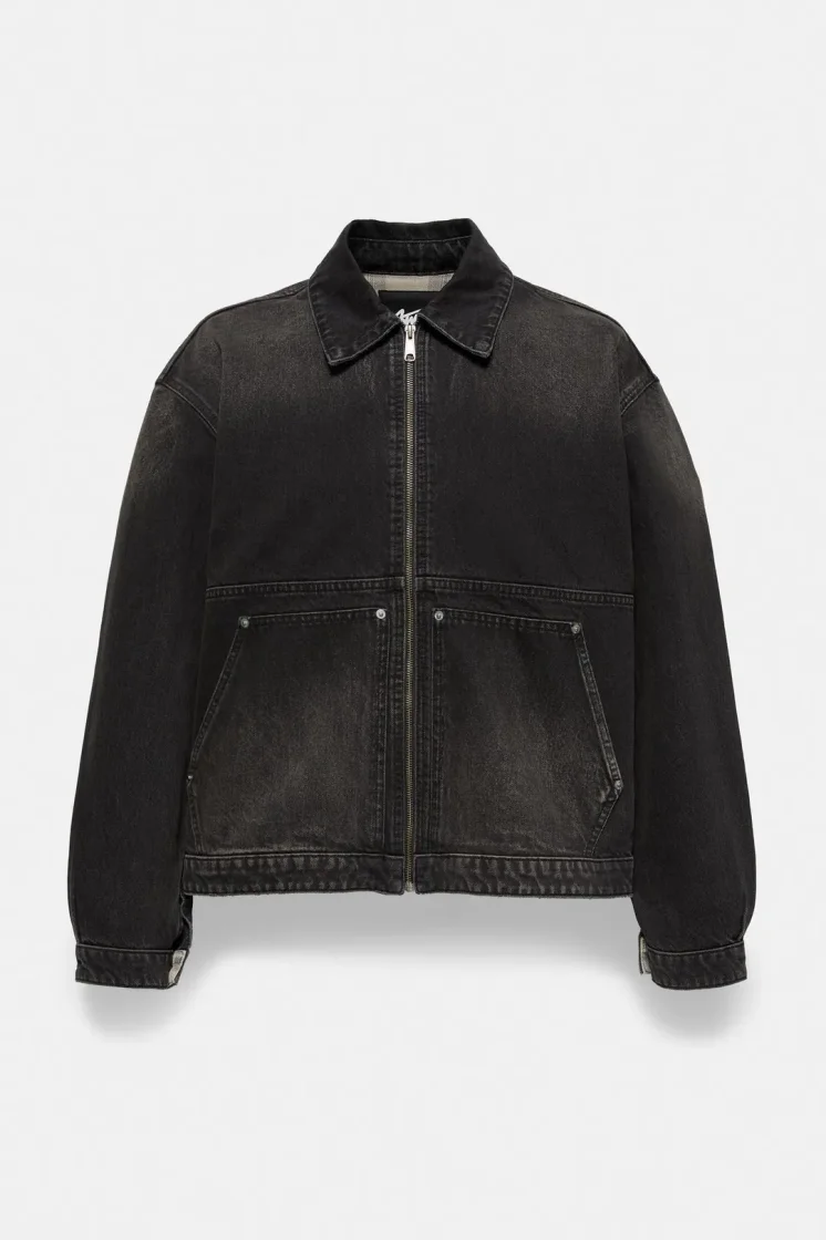 Pull&Bear Washed Pocket Zip Denim Jacket — Black