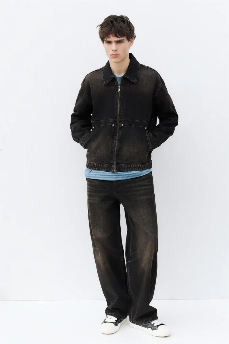 Pull&Bear Washed Pocket Zip Denim Jacket — Black
