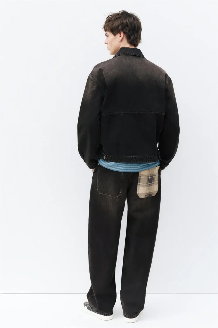 Pull&Bear Washed Pocket Zip Denim Jacket — Black