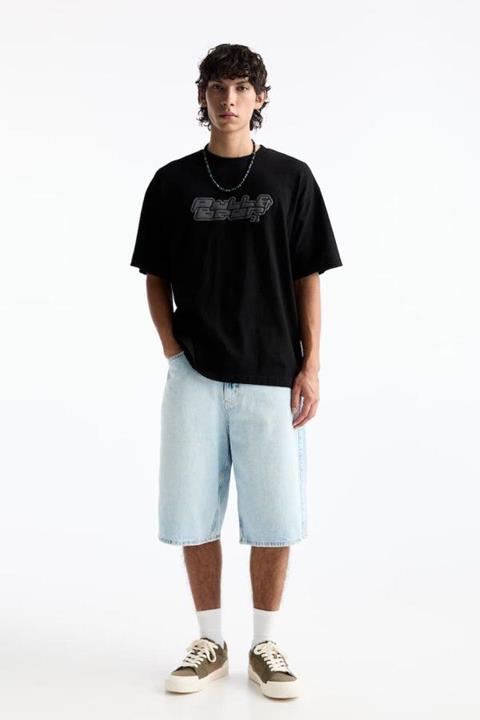 Pull&Bear Essential Cotton Crew Tee — Black