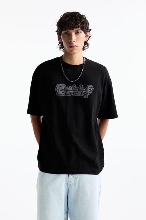 Pull&Bear Essential Cotton Crew Tee — Black