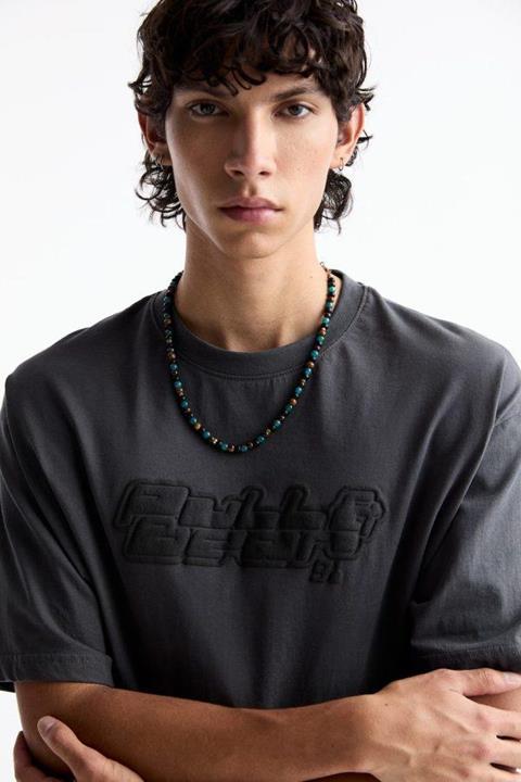 Pull&Bear Essential Cotton Crew Tee — Charcoal