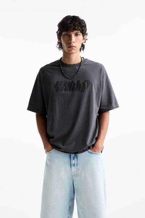 Pull&Bear Essential Cotton Crew Tee — Charcoal