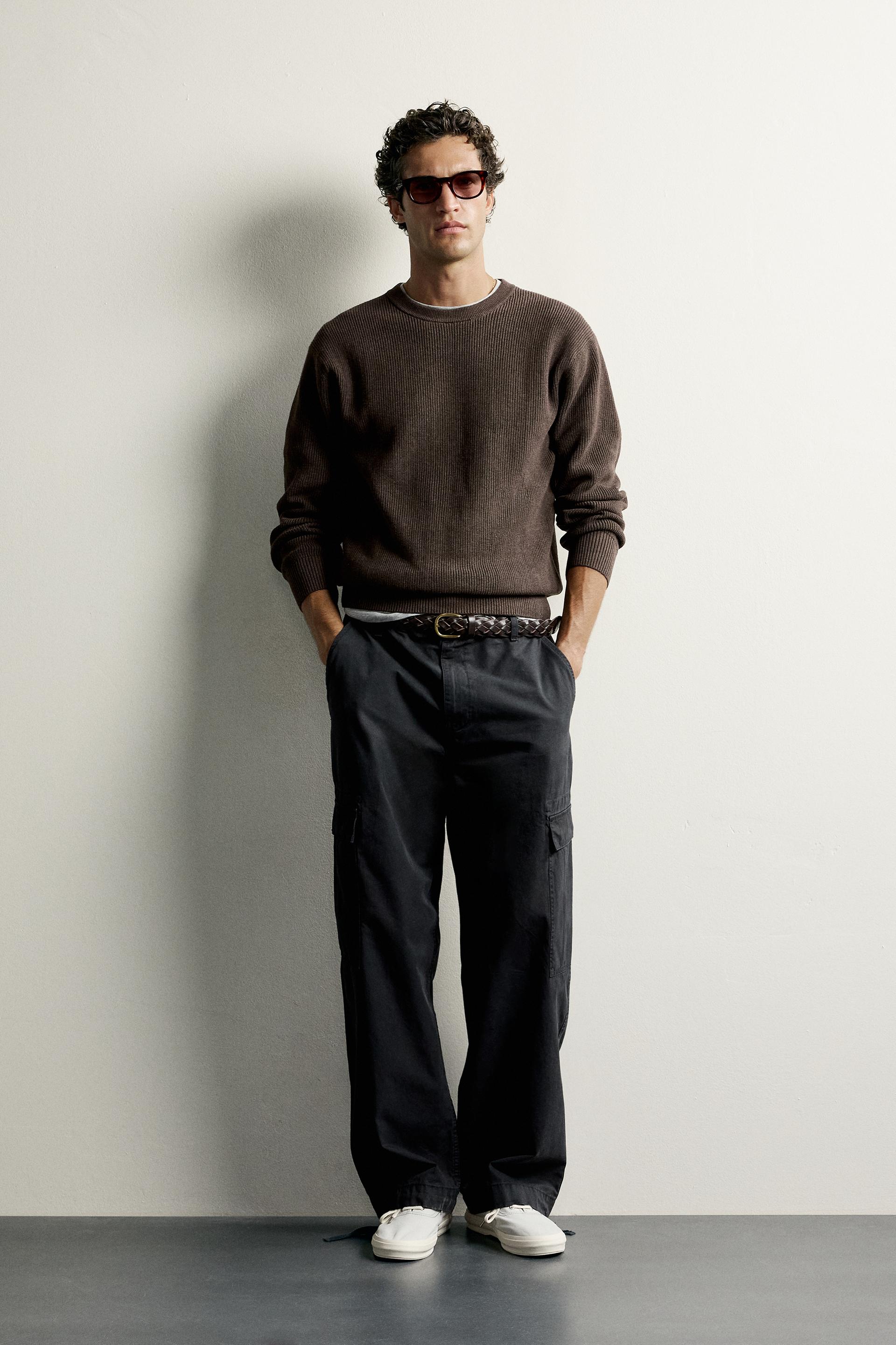 Zara Regular Fit Knit Cotton Sweater — Marron chiné