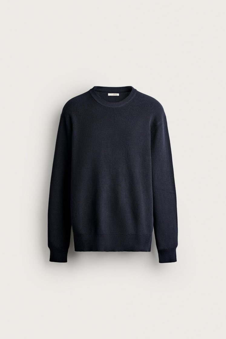 Zara Regular Fit Knit Cotton Sweater — Bleu marine