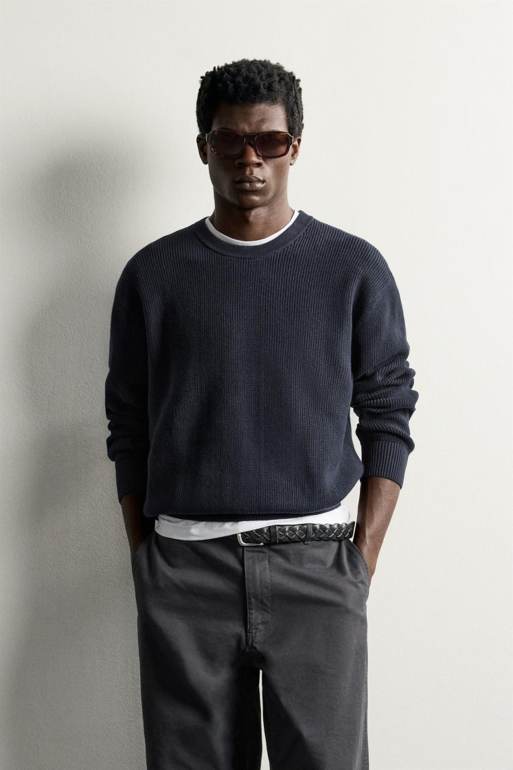 Zara Regular Fit Knit Cotton Sweater — Bleu marine