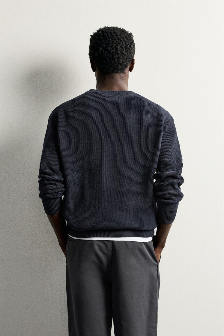 Zara Regular Fit Knit Cotton Sweater — Bleu marine