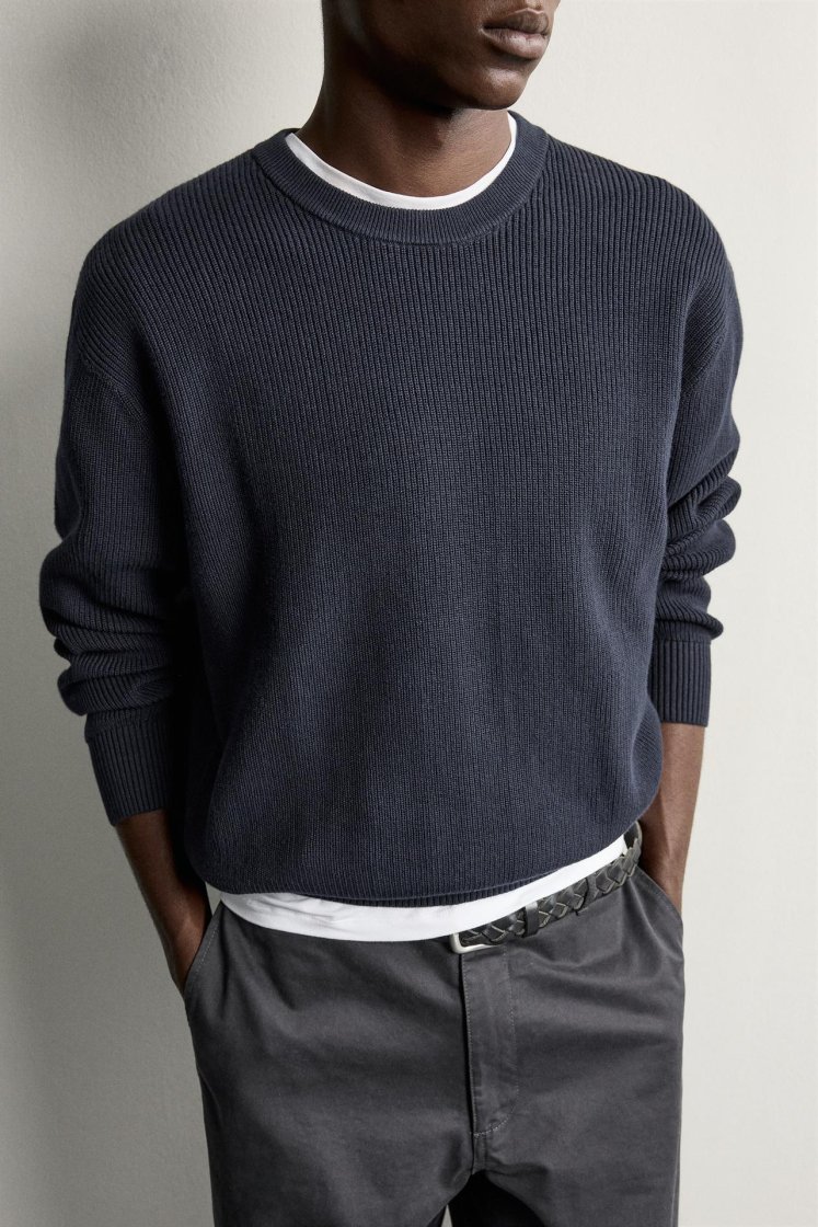 Zara Regular Fit Knit Cotton Sweater — Bleu marine