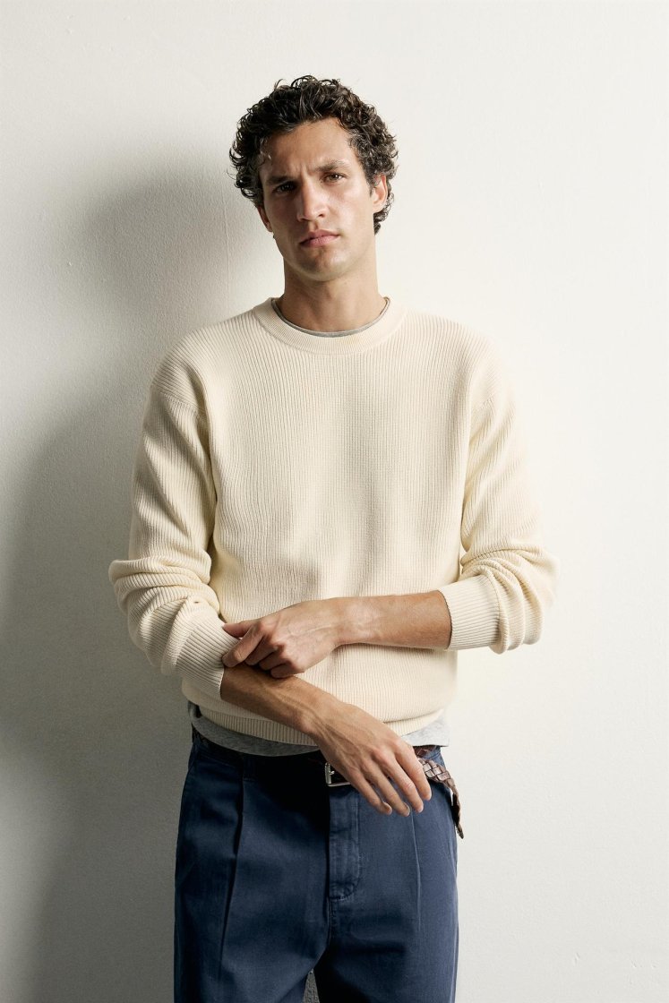 Zara Regular Fit Knit Cotton Sweater — Écru