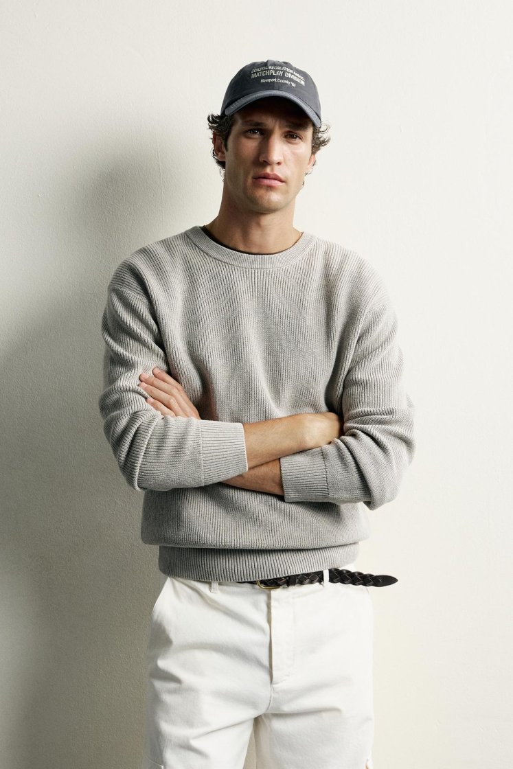 Zara Regular Fit Knit Cotton Sweater — Gris chiné
